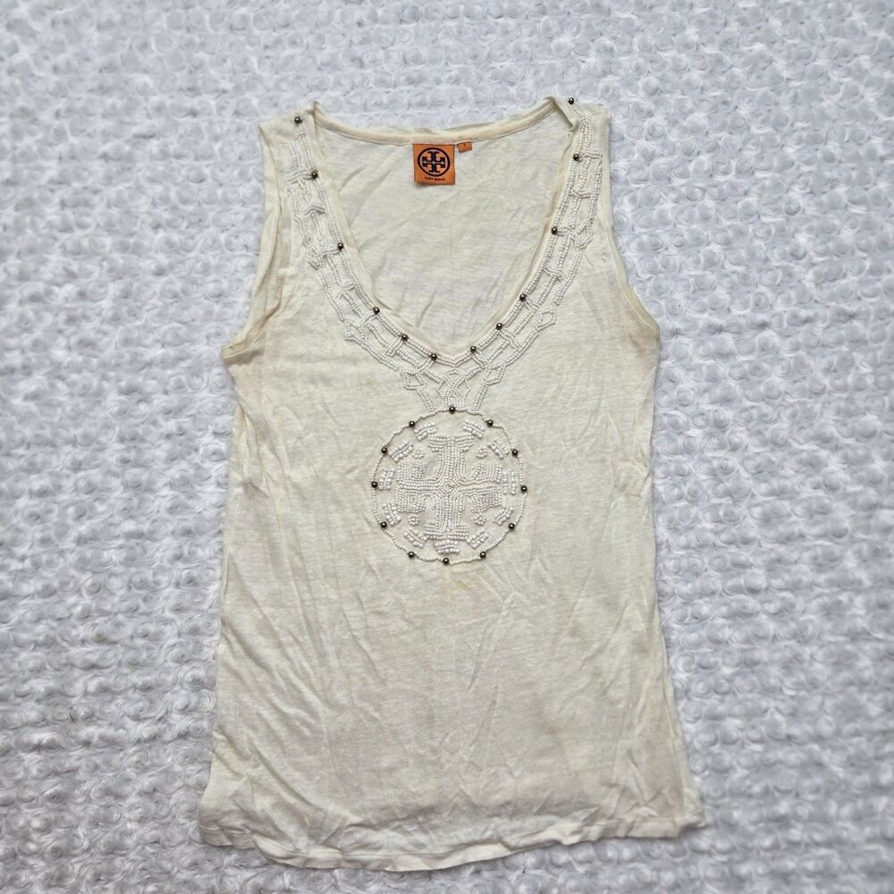 Tory Burch Beaded Logo Tank Top Womens S Ivory White V-Neck Sleeveless Cut